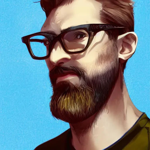 Prompt: Man in his 30s, dark blond and salt-and-pepper hair with a beard, thick dark glasses, blue eyes, big nose, wearing stripe shirt, jean and multicolor shoes, digital painting, 4k, anime key visual, artstation, kuvshinov ilya