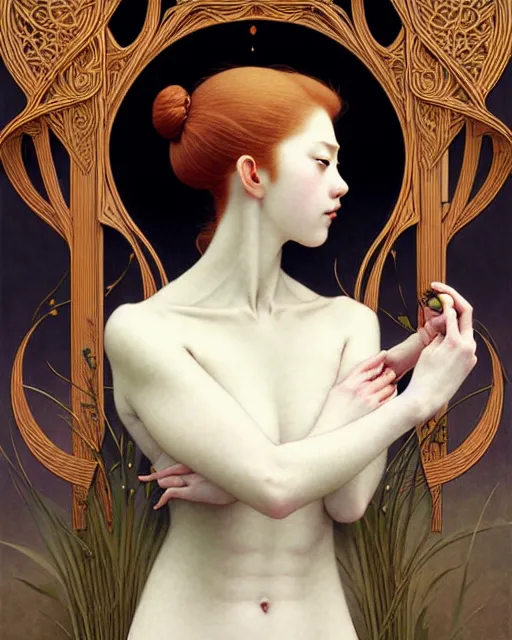 Image similar to Beautiful and playful ethereal ginger portrait, art nouveau, fantasy, intricate flower designs, elegant, highly detailed, sharp focus, art by Hasui Kawase, Camille Corot, Artgerm and Greg Rutkowski and WLOP