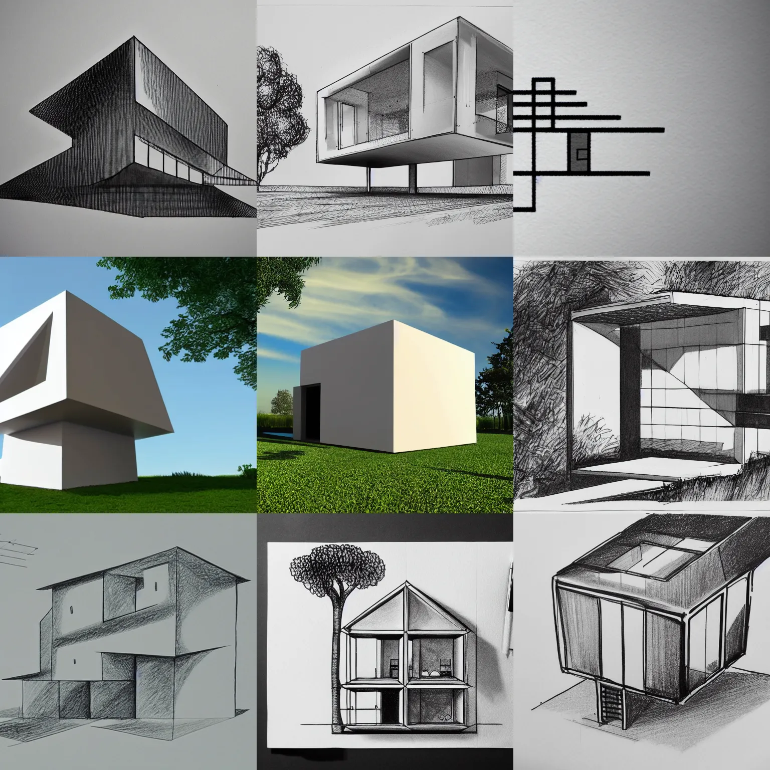 Prompt: architectural concept drawing of a house shaped like a cube