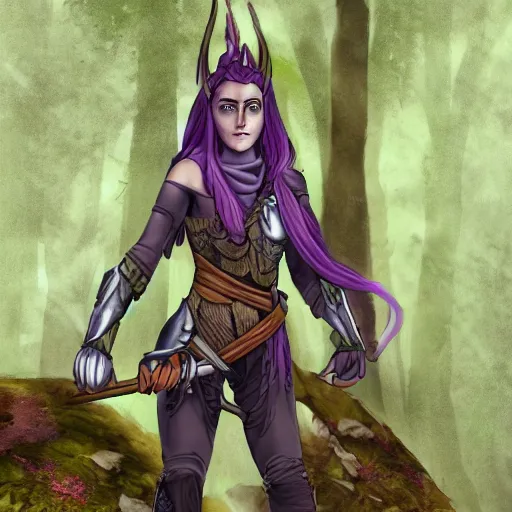 Image similar to athena as a medieval fantasy wood elf, dark purplish hair tucked behind ears, wearing a green tunic with a fur lined collar and brown leather armor, wide, muscular build, scar across nose, one black, scaled arm, cinematic, character art, digital art, forest background, realistic. 8 k