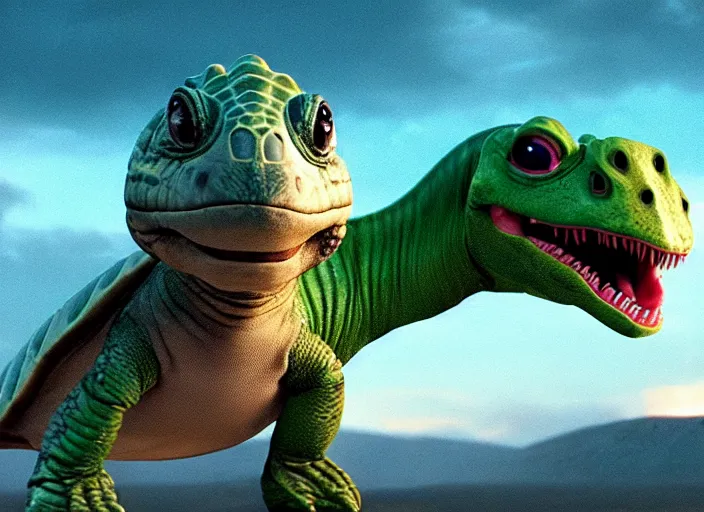 Image similar to film still of real life dinosaur turtle yoshi in the new sci - fi movie, 8 k