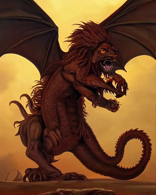 Image similar to oil painting of a mythical manticore, a legendary animal with the head of a man, the body of a lion, and the tail of a dragon or scorpion. in the style of michael whelan, darryl k. sweet, trending on artstation