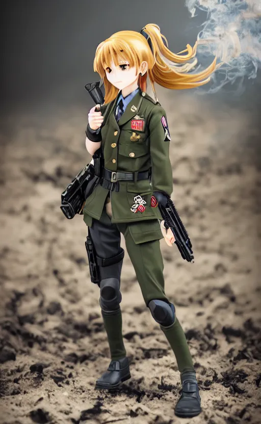 Prompt: toy photo, school uniform, portrait of the action figure of a girl, anime character anatomy, girls frontline style, collection product, dirt and smoke background, flight squadron insignia, realistic military gear, 70mm lens, round elements, photo taken by professional photographer, trending on instagram, symbology, 4k resolution, low saturation, empty hands, realistic military carrier