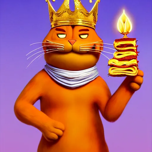 Image similar to fullbody!! personification of garfield the cat as a goddess holding lasagna wearing a crown of gleaming gems, stunning, hyperrealistic, trending on artstation, smooth and sharp, intricate, fine details, elegant, religious, dynamic pose, detailed and intricate environment, professional character concept art by tatyana kupriyanova and greg rutkowski and raymond swanland