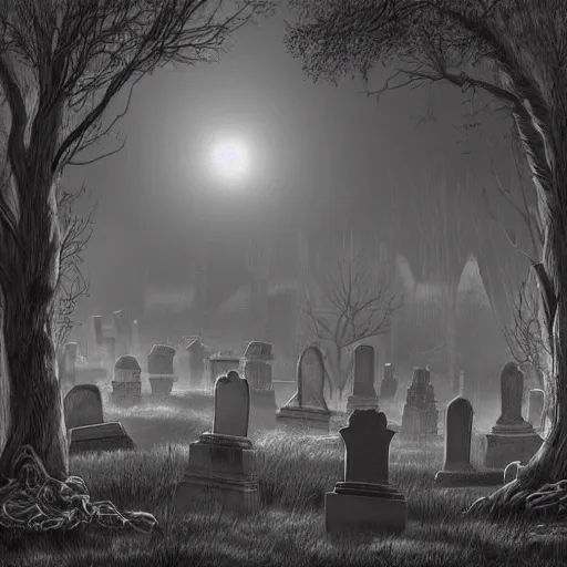 Image similar to an endless eerie graveyard with ancient ornate tombstones, misty, strands of fog, catacomb in background, frame is flanked by dark trees, creepy, night, finely detailed photorealistic black and white pencil drawing