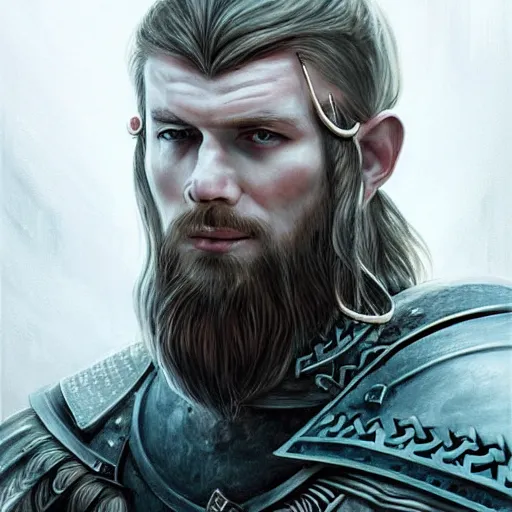 Image similar to portrait of solemn, ice-pale undead viking warrior with black veins and brutalist plate armor with art deco knotwork, elegant, intricate, head and upper body portrait, D&D, fantasy, highly detailed, digital painting, artstation, concept art, sharp focus, illustration, art by artgerm and brom and bezsinski and greg rutkowski and alphonse mucha