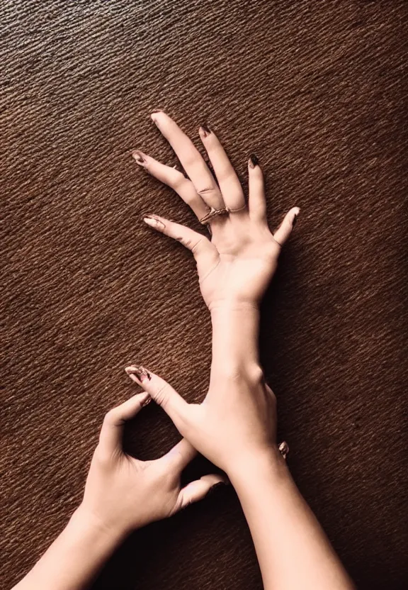 Image similar to an instagram photo of one ultra detailed woman's palm held against the floor, instagram photo, studio photo