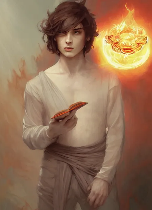 Prompt: character concept portrait of an attractive young focused Spanish wizard with pale orange skin enchanting a blazing spell, a floating iridescent spell book in the center, intricate, elegant, digital painting, concept art, smooth, sharp focus, illustration, from Metal Gear, by Ruan Jia and Mandy Jurgens and William-Adolphe Bouguereau, Artgerm