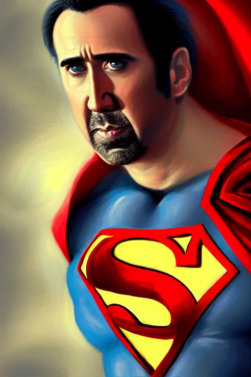 Image similar to portrait of nicolas cage as superman looking away from the camera, intricate, extremely detailed digital painting by greg rutkowski, artstation