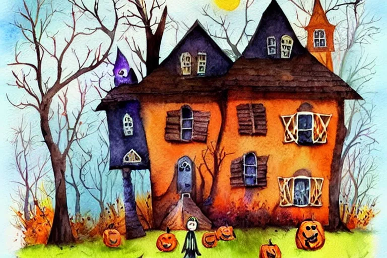 Prompt: a wonderful childrens illustration watercolor painting, halloween haunted old house, colorful, whimsical, aesthetically pleasing and harmonious natural colors, art by tracie grimwood,