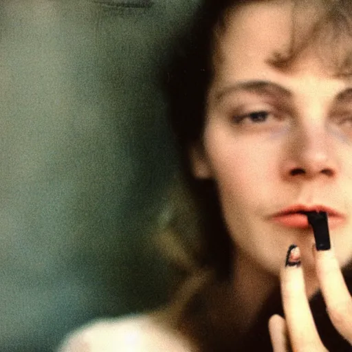 Prompt: a french woman holding a cigarette between her fingers, 1974, 35mm film, portrait