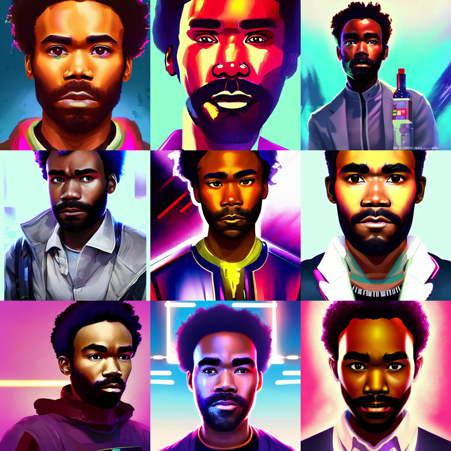 Prompt: a cyberpunk donald glover, clean shaven, short hair, a character portrait, synthwave by art artgerm, cg society contest winner, shock art, sci - fi, artstation hq, speedpainting