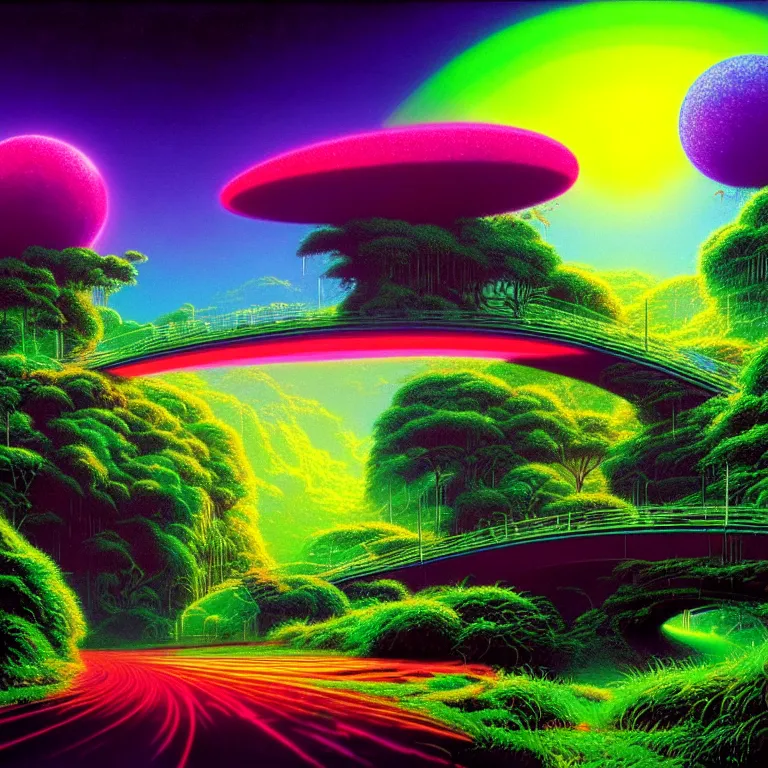 Image similar to mythical glowing orbs on bridges through lush valley, ( ( ( synthwave ) ) ), ( ( fractal waves ) ), bright neon colors, highly detailed, cinematic, tim white, michael whelan, caza, bob eggleton, philippe druillet, vladimir kush, kubrick, alfred kelsner