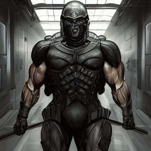 Image similar to a herculean anthro horse with an enormously muscular physique prowling in a black stealth suit, corridor of a high - tech facility, highly detailed, digital painting, artstation, concept art, illustration, art by artgerm, greg rutkowski, wlop