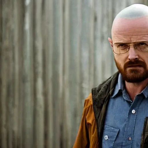 Image similar to Live Action Still of Aaron Paul dressed as and playing Walter White in Breaking Bad, real life, hyperrealistic, ultra realistic, realistic, highly detailed, epic, HD quality, 8k resolution, body and headshot, film still