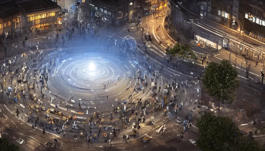 Image similar to policemen protect a huge spiral - shaped luminous object right in the center of the city from protesting people, night, rain and light fog, professional lighting, concept art in 3 d, high detail, professional lighting