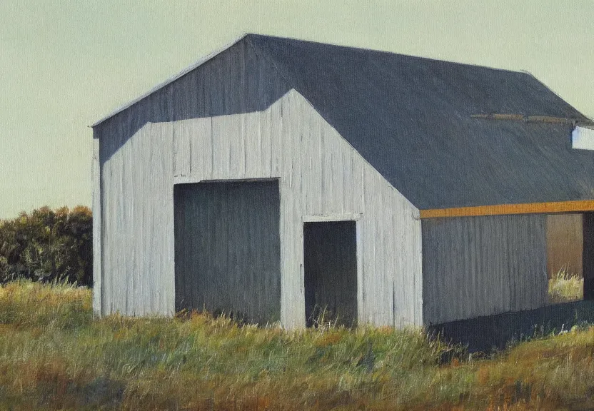 Prompt: a painting in the style of h. r. gieger of a barnhouse with a sheet metal roof