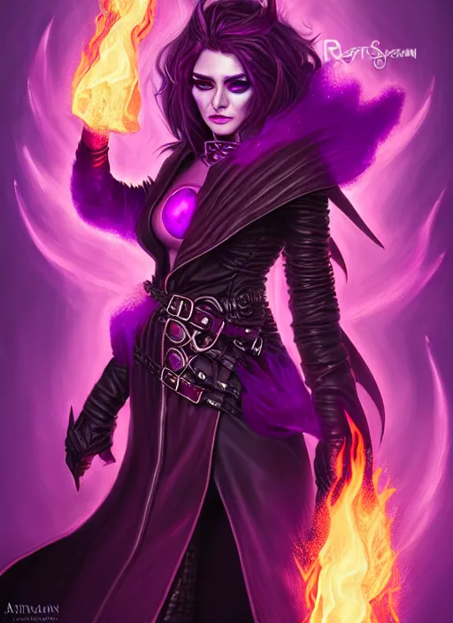 Prompt: portrait of a mix between necromancer and pyromancer, female, shiny purple fire and decadence, leather coat, high fantasy, dnd, face details, extremely detailed, smooth, sharp focus, digital illustration, by artgem, rossdraws, sakimichan, chiaroscuro