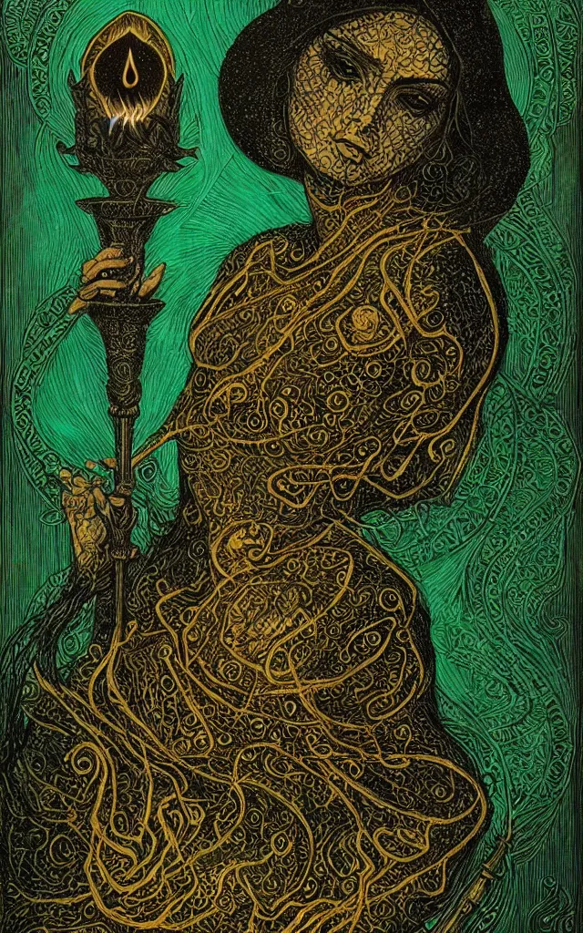 Image similar to tarot card of hecate the gloomy and beautiful goddess of witchcraft, torches, ancient keys, smokes, andrey remnev, black paper, etching, engraving, intricate line work, green line work details, mandelbulb fractal, portrait, trending on artstation, exquisite details, risography print, 4 k, 4 k