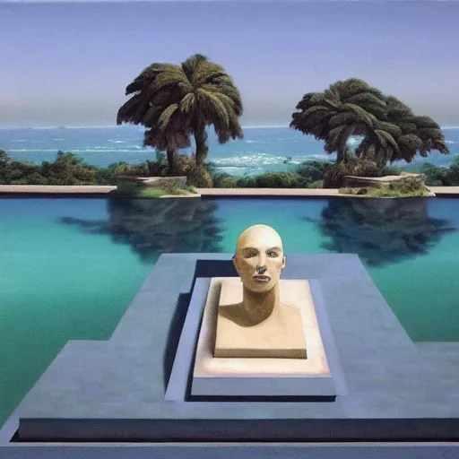Image similar to David Ligare masterpiece, hyperrealistic surrealism, award winning masterpiece with incredible details, epic stunning, infinity pool, a surreal vaporwave liminal space, highly detailed, trending on ArtStation, broken giant marble head statue ruins, calming, meditative, geometric liminal space, palm trees, very vaporwave, very very surreal, sharp details, artgerm and greg rutkowski and alphonse mucha, daily deviation, IAMAG