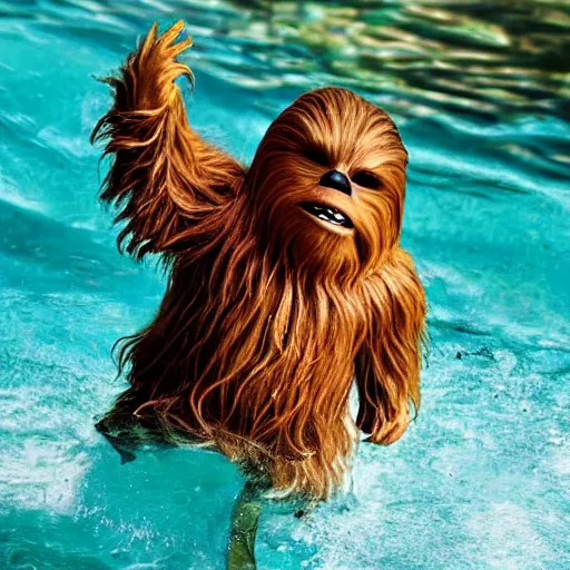 Image similar to Chewbacca swimming in brown water