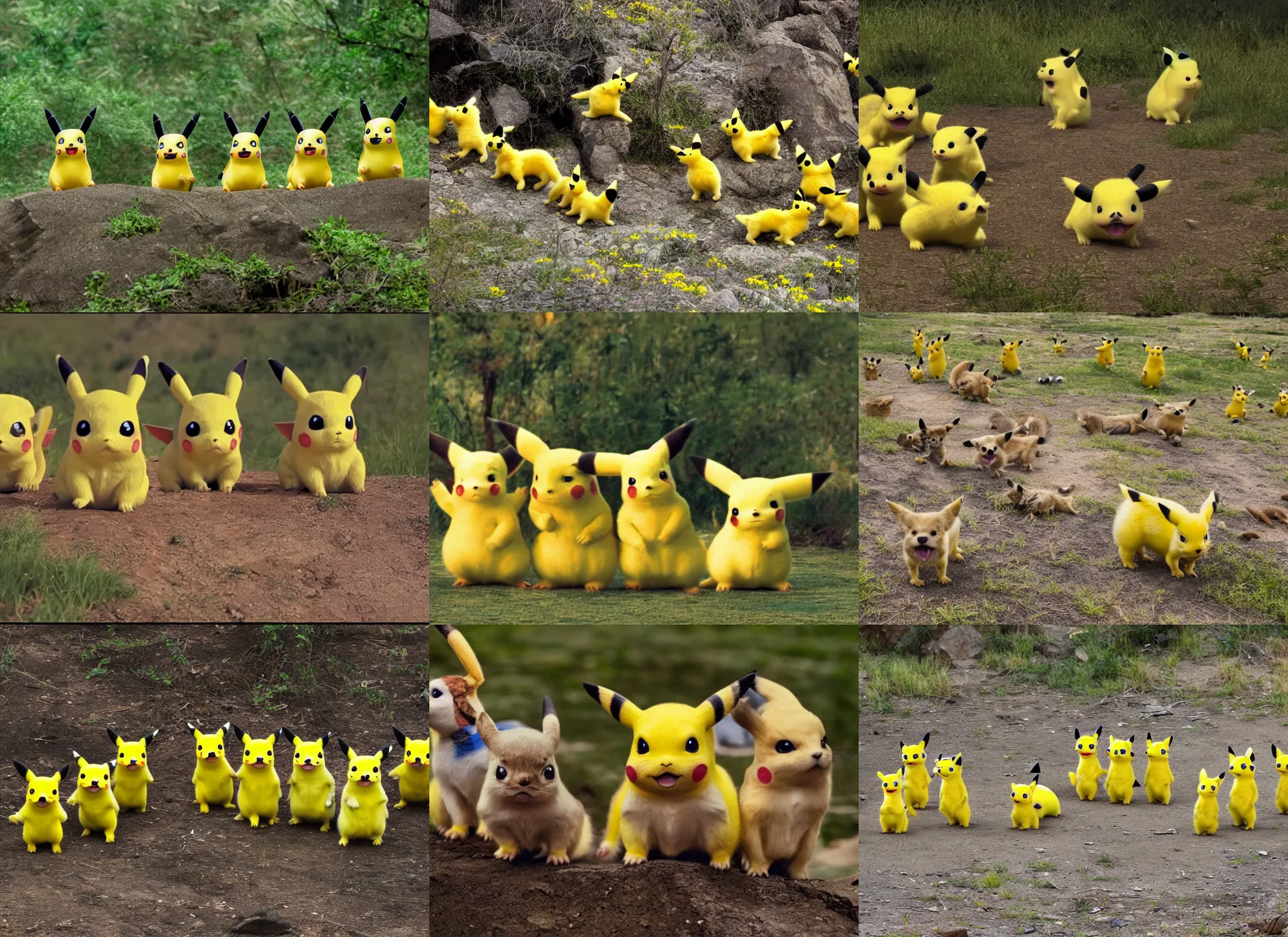 Prompt: Stills from National Geographic documental depicting a pack of wild Pikachu in their natural habitat, award winning 4k pictures