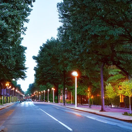 Prompt: avenue, median with trees, uptown neighborhood, neighborhood, liminal space, traffic lights, blue hour