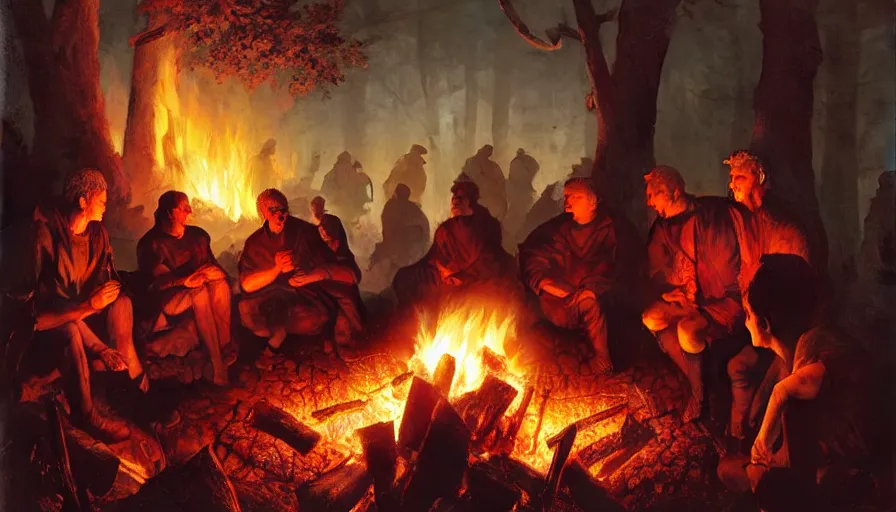 Prompt: a great inquisitor are roasting marshmallows on a campfire, behind which is a village burning with fire, fine details, blood, digital art, volumetric lighting, cinematic light, photorealistic, by greg rutkowski, by marc simonetti, by giger, by caravaggio, perfect faces, fine details, 4 k,