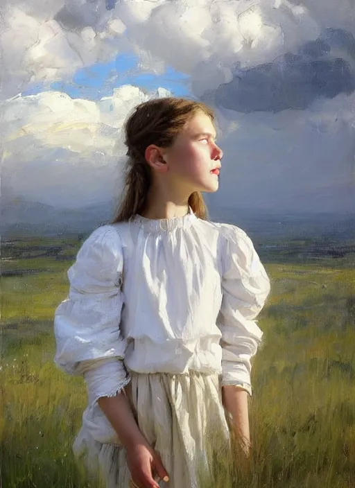 Prompt: portrait of girl dressed in white clothes , countryside, country style, country house, fantasy character portrait, dynamic pose, above view, view from above, sunny day, thunder clouds in the sky, artwork by Jeremy Lipkin and Giuseppe Dangelico Pino and Michael Garmash and rob rey, very coherent symmetrical artwork, perfect face, simple form, 100mm