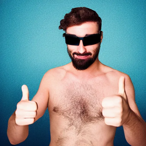 Prompt: a beautiful portrait of an emotionally - detached bloke drinking beer, wearing a pair of futuristic sunglasses and his underwear, being unfazed by the fact that he's in the middle of a bank robbery, giving the thumbs up, photography, volumetric lighting, 8 k