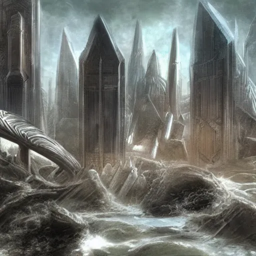 Image similar to fantasy rendering of art deco brutalist city atlantis rising, torrent, maelstrom, chiseled formations, atmospheric, ambient, frost, matte painting