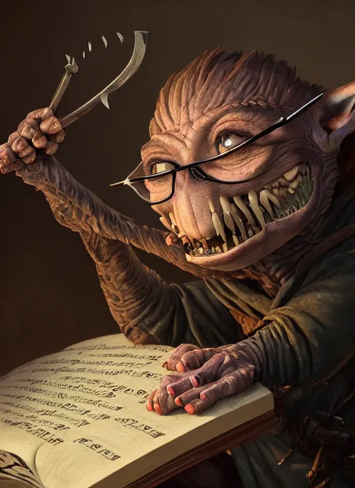 Prompt: highly detailed closeup portrait of a medieval goblin reading a spellbook, stephen bliss, unreal engine, greg rutkowski, ilya kuvshinov, ross draws, hyung tae and frank frazetta, tom bagshaw, tom whalen, nicoletta ceccoli, mark ryden, earl norem, global illumination, god rays, detailed and intricate environment