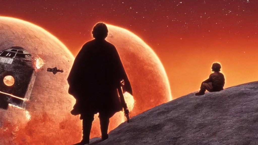 Image similar to film still Luke skywalker watches tatooine binary sunset Star Wars a new hope 1977