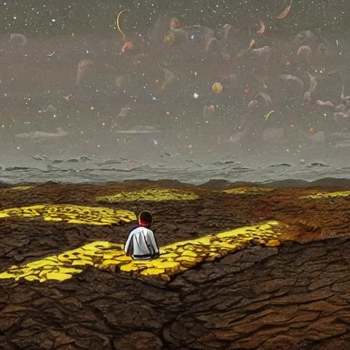 Image similar to a lonely kid in an unknown world, looking at the stars, with a lot of dead bodies behind him, rocks floating, painted like alex kanevsky, and the athmosphere of dennis villeneuve