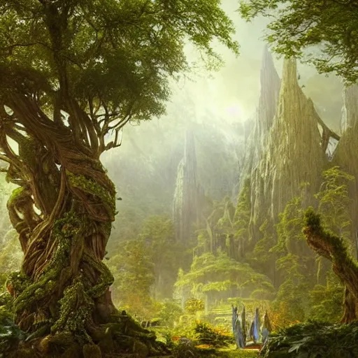 Prompt: a beautiful and highly detailed matte painting of an elven temple in a magical fantasy garden in a lush forest, celtic knots, ancient runes, knotted trees, intricate details, epic scale, insanely complex, 8 k, sharp focus, hyperrealism, very realistic, by caspar friedrich, albert bierstadt, james gurney, brian froud,