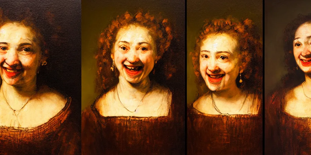Prompt: a triptych of women with happy expressions, in the style of Rembrandt, head and shoulders, oil painting, dark background, perfect lighting, 8k, HD
