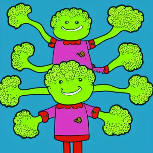 Image similar to dancing broccoli, he is very happy, smiling, children illustration, 2D