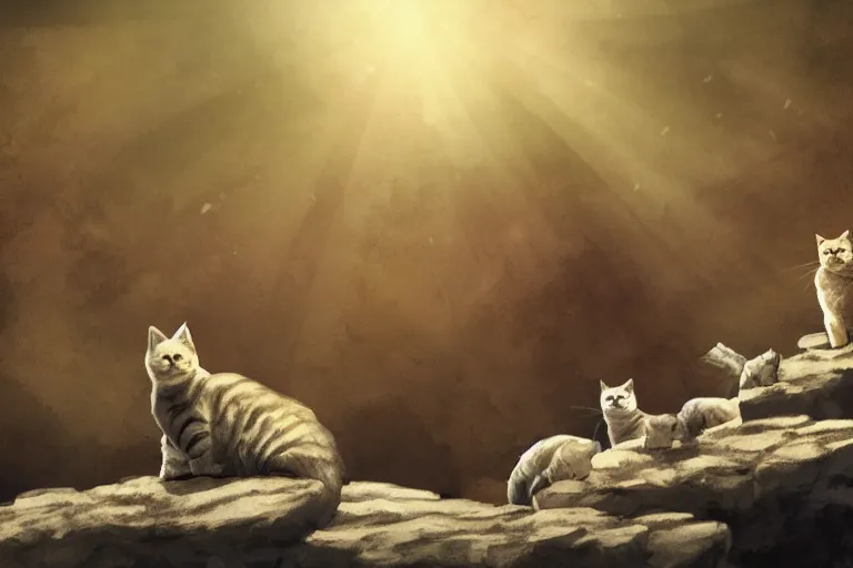 Image similar to cat standing on a rock in front of a crowd of cats, backlighting, digital art, trending on pixiv, fanart