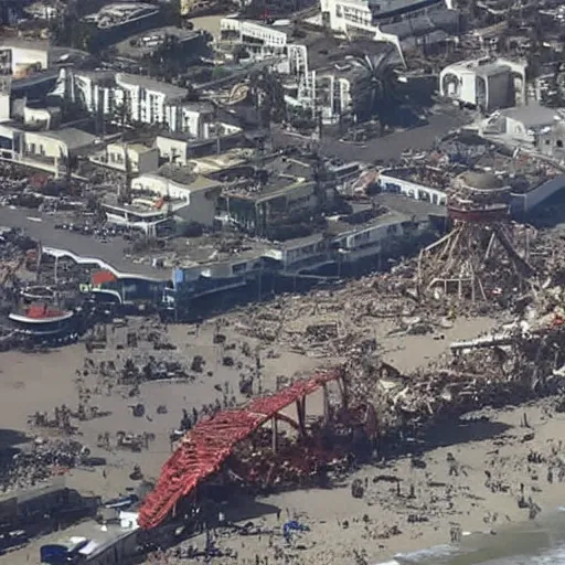 Image similar to santa monica pier completely destroyed, helicopter coverage, photo from above, news coverage, sadness, cnn news