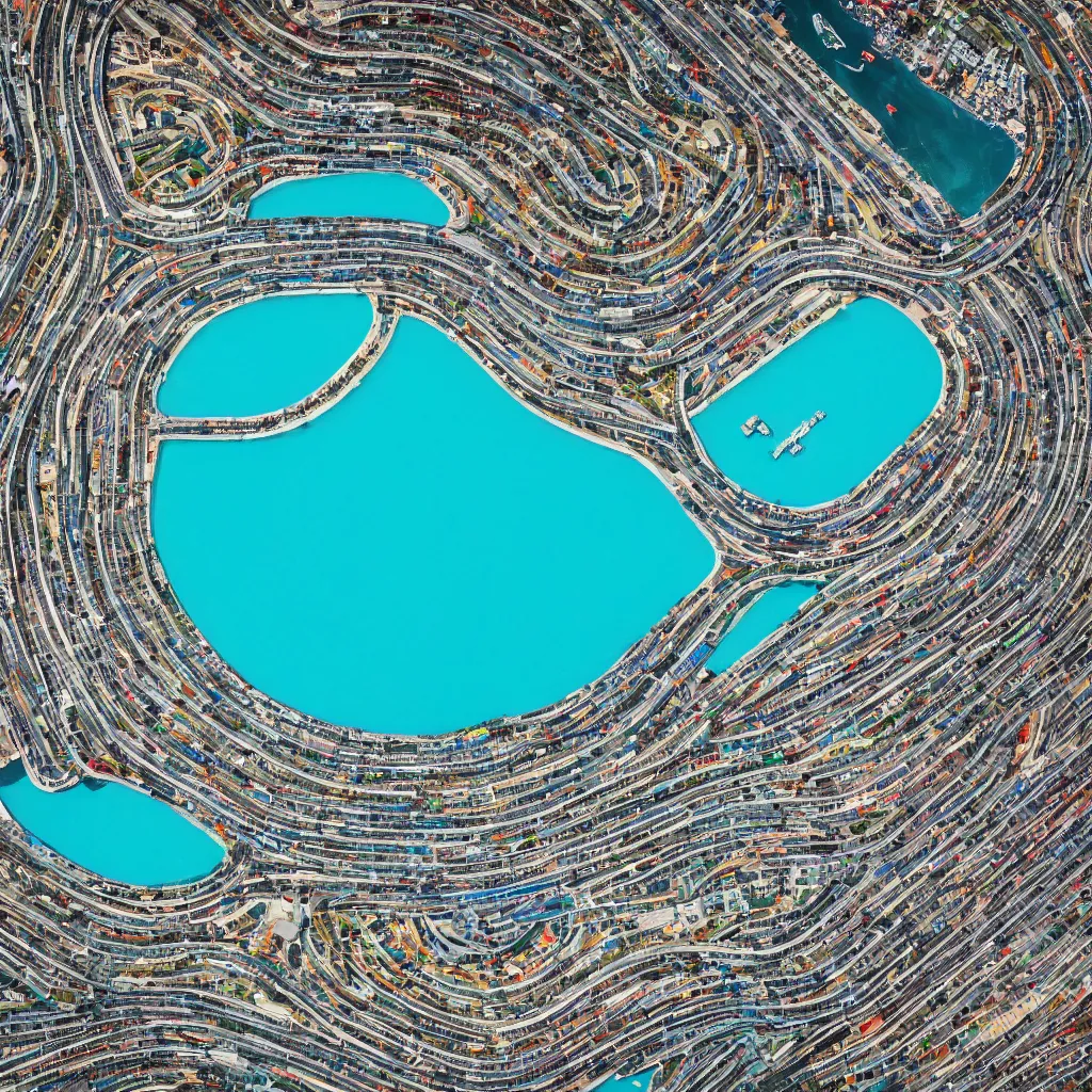 Prompt: F1 racetrack over pools of bright blue water, birds eye view