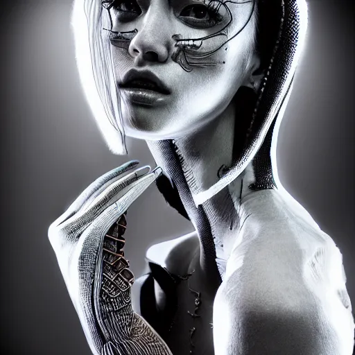 Image similar to the portrait of an absurdly beautiful, graceful, sophisticated, fashionable cyberpunk gravure idol, an ultrafine hyperdetailed illustration by kim jung gi, irakli nadar, hanna moon, intricate linework, neon colors, porcelain skin, unreal engine 5 highly rendered, global illumination, radiant light, detailed and intricate environment