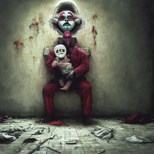 Image similar to a clown holding a baby inside an abandoned hospital, beksinski, dariusz zawadzki, wayne barlowe, very coherent symmetrical artwork, cinematic, hyper realism, high detail, octane render, 8 k