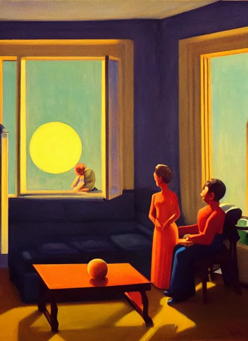 Image similar to painting of a family building getting lectured by a very large alien in their suburban living room, energetic orbs in the air, in the style of edward hopper