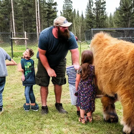 Prompt: aggressive bearded forestry man pushing kids out of the way at a petting zoo with lammas