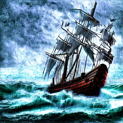 Image similar to Pirate ship sinking in a storm, digital art