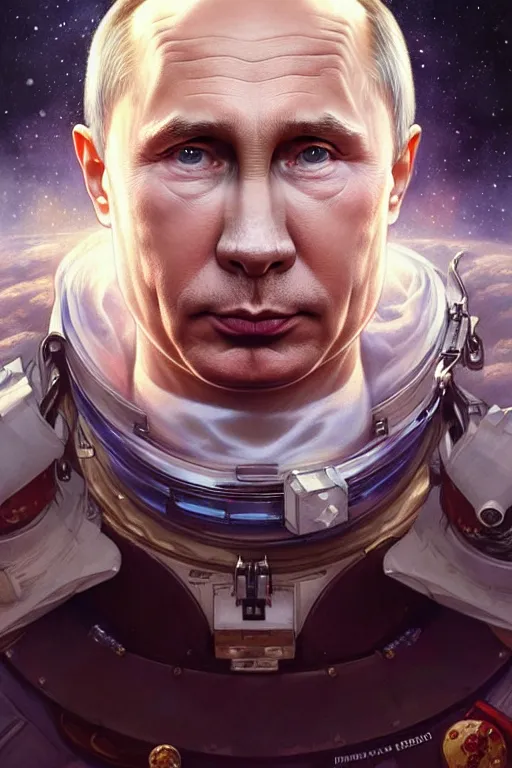 Prompt: Portrait of Putin in space, D&D, face, fantasy, intricate, elegant, highly detailed, digital painting, artstation, concept art, smooth, sharp focus, illustration, art by artgerm and greg rutkowski and alphonse mucha