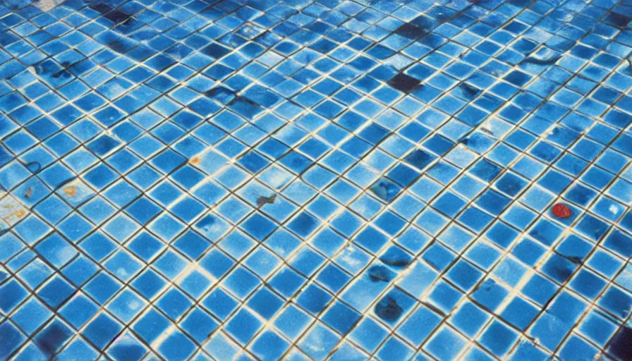 Image similar to 1 9 6 0 s movie still of empty blue tiles swimmingpool, low quality, liminal space style