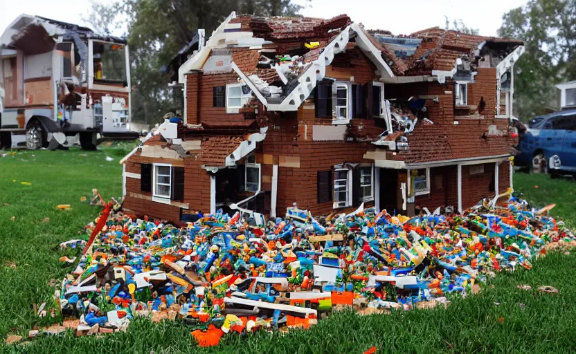 Prompt: a razed broken house made of lego, pieces of lego laying on the lawn