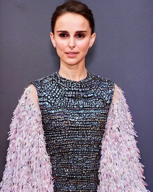 Prompt: nathalie portman at the new york fashion week, wearing an outfit made from crystals, photo by greg rutkowski, soft lighting, female beauty, intricate detail, elegance, sharp shapes, masterpiece