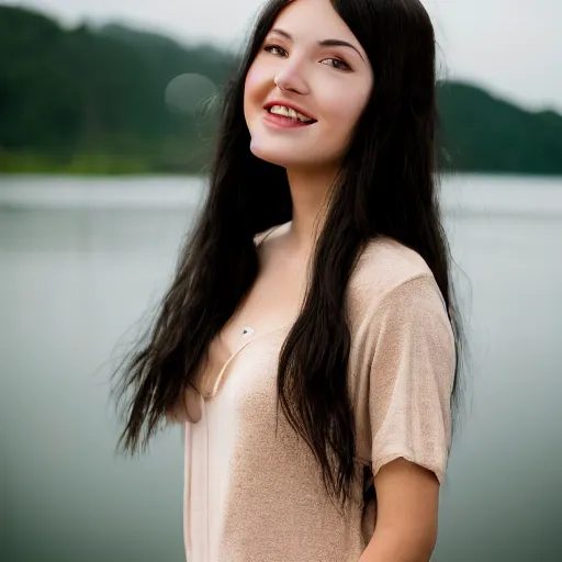 Prompt: real life photo of a beautiful girl, full body photoshoot, long black hair, full round face, short smile, brown shirt, lake setting, cinematic lightning, medium shot, mid - shot, highly detailed, trending on artstation, iso 2 0 0, f 1. 4, 8 0 mm, 8 5 mm, natural light